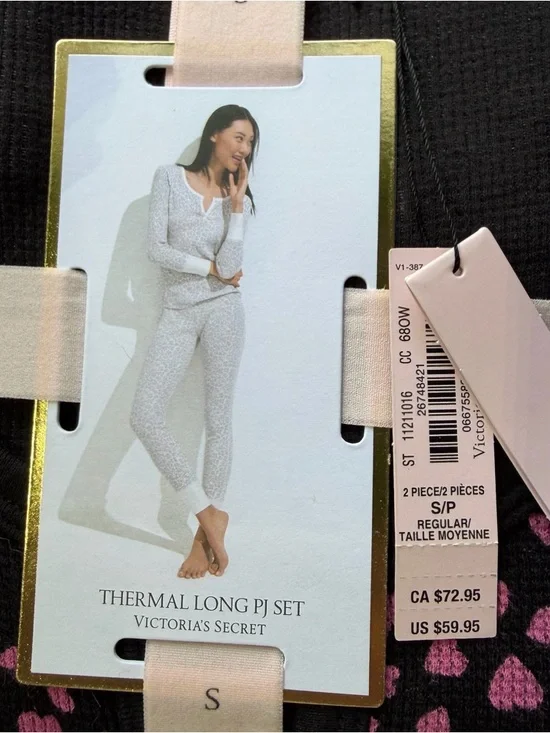 Victoria's Secret Black Thermal Pajama Set with Pink Heart Print - Picture 2 of 4